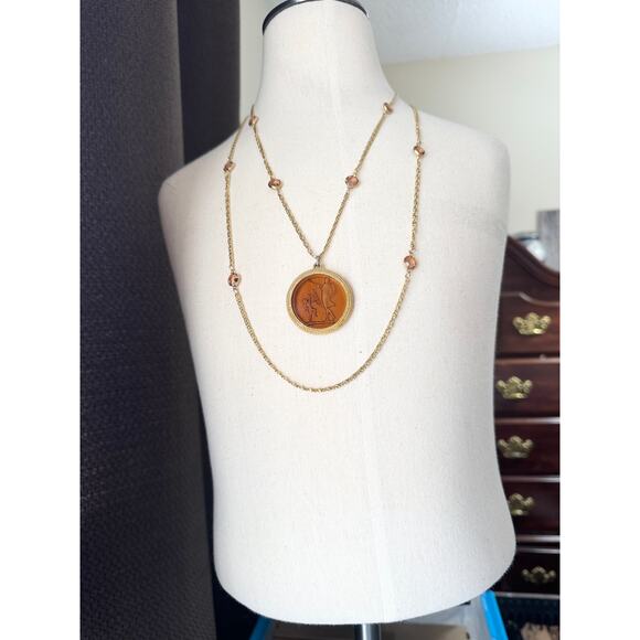 Cupid Goldtone Double Chain Necklace Pendant Vintage Coldette N.Y Carved Citrine - Picture 3 of 6